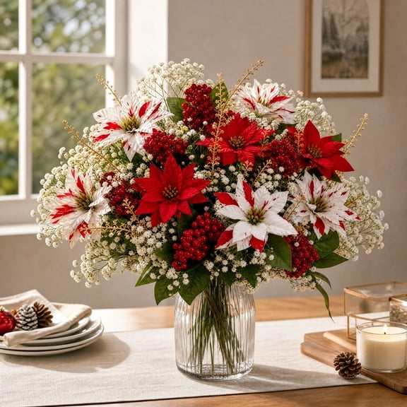 VANLOFE 24 Piece Artificial Christmas Flowers, Poinsettia and Breath Set, Red and White Floral Arranging for a Christmas Gift and Holiday Centerpiece, Plastic Blooms with Berry Details