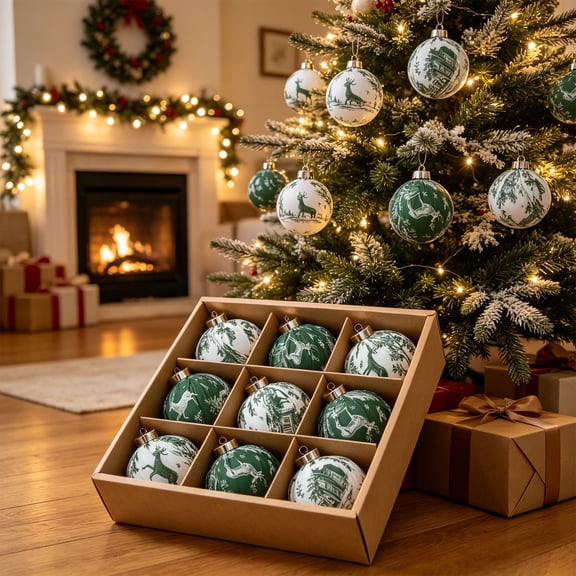 VANLOFE 9 Pcs Green Fabric Christmas Ball Ornaments 3.15 Inch French Toile Hanging Tree Decor Set with Gift Box