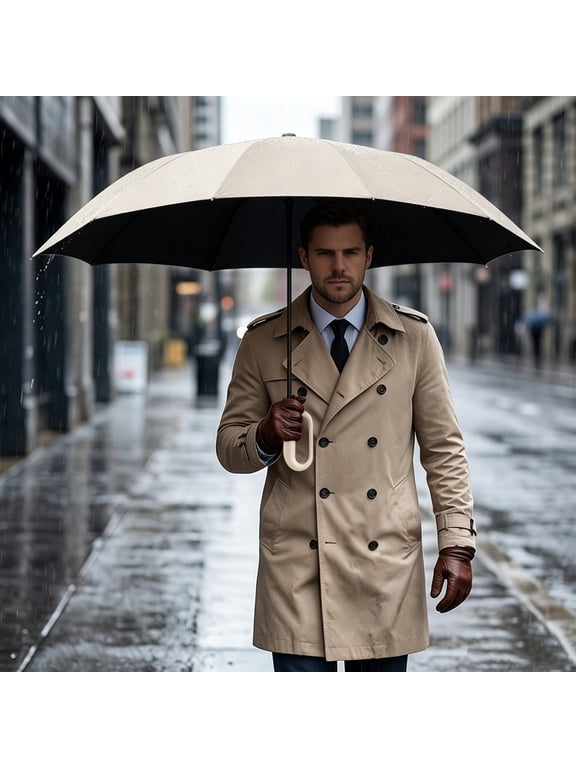 Automatic Folding Umbrella 42 Inch Large Windproof Travel Umbrella with UV Protection for Rain and Sun Beige