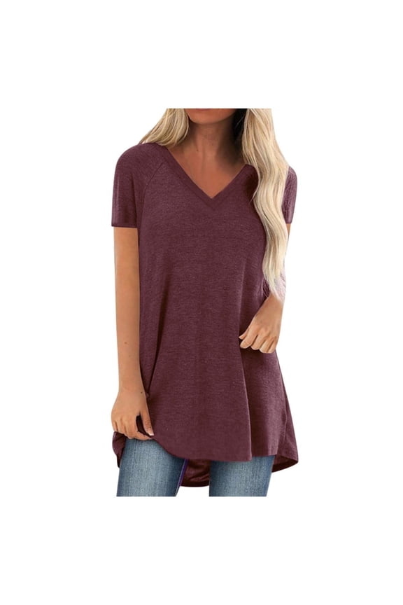 Blouses for Women Gift for Gradution Women Fashion Plus Size Print V Neck Short Sleeved Long T-shirt Blouse Maroon Fashion Print T-Shirts