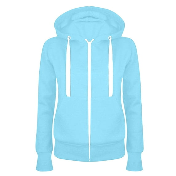 VANLOFE Blue Hoodies for Women Fashion Women Casual Hooded Slim Zipper Fleece Sweater Coat Long Sleeve Solid Color Coat 2XL(S-2XL)