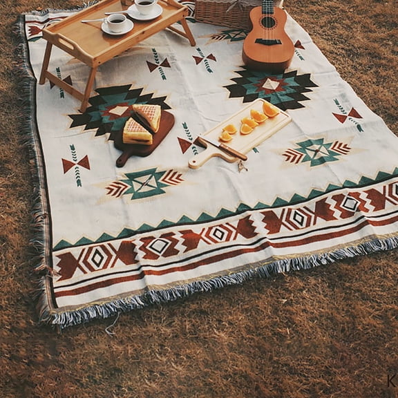 VANLOFE Camping & Hiking Self-Driving Ethnic Style Thick Tent Sofa Blanket With Fringe Design Square Picnic Rug 59x35 Inch