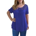 thumbnail image 1 of VANLOFE Casual Shirts Blue Round-Neck Blouses Gift for Daughter Fashion Womens Plus Size Lace Pachwork Short Sleeve O-Neck Casual Tops Blouse, 1 of 4