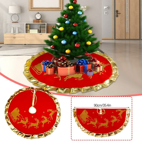 VANLOFE Cheap Tree Skirts Home Decor Red Christmas Tree Skirt With Golden Ruffle Edge Year Holiday Xmas Decor