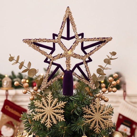 VANLOFE Christmas Tree Topper Star Double Layer Five Pointed Star with Gold Sequins Purple Flocked Xmas Tree Top Decoration for Holiday Home