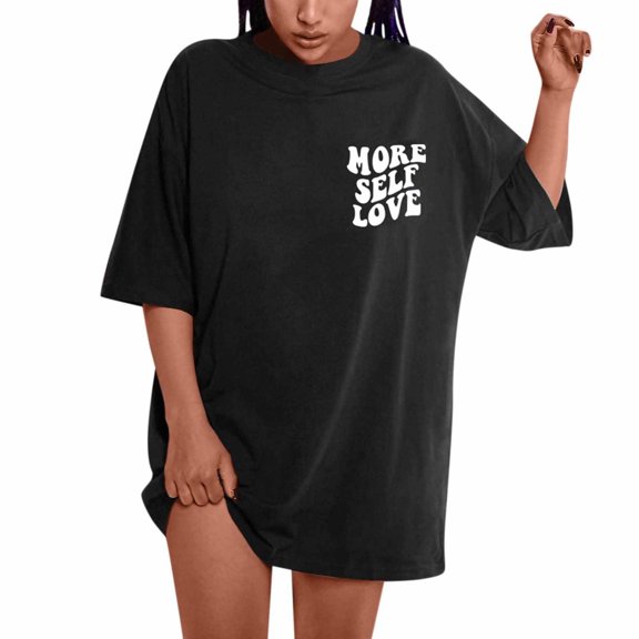 VANLOFE Fashion Print T-Shirts Black Round-Neck Shirts Gift for Sister Oversized T Shirts For Women Plus Size Slogan Graphic Drop Shoulder Short Sleeve Tops Summer Loose Pullover Tees