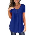thumbnail image 1 of VANLOFE Fashion Print T-Shirts Blue O-Neck Short Sleeve Gift for Sister Women's Solid Color Crew Neck Button Pleated Tunic Casual Shirt Crew Neck Button T-Shirt, 1 of 8
