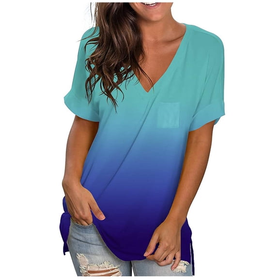VANLOFE Fashion Print T-Shirts Blue T-Shirts for Women Women's Fashion Pockets Casual Gradient V-neck Short Sleeve Loose T-shirt Tops