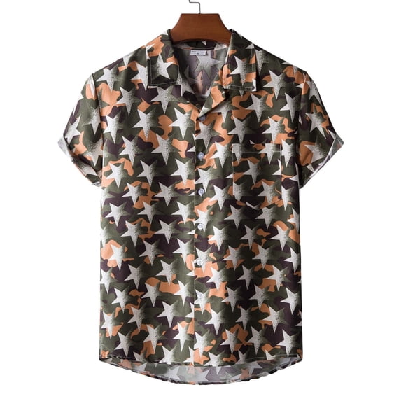 VANLOFE Lapel Shirts for Mens Army Green Mens Casual Shirts Men Hawaiian Short Sleeve Beach Shirt Printed Summer Casual Button Down Shirts