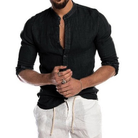 VANLOFE Long Sleeve Shirts Fashion Man Button V-Neck Long Sleeve T-Shirt Autumn Solid Loose Blouse Tops Black Long Sleeve V-Neck Blouses & Shirts