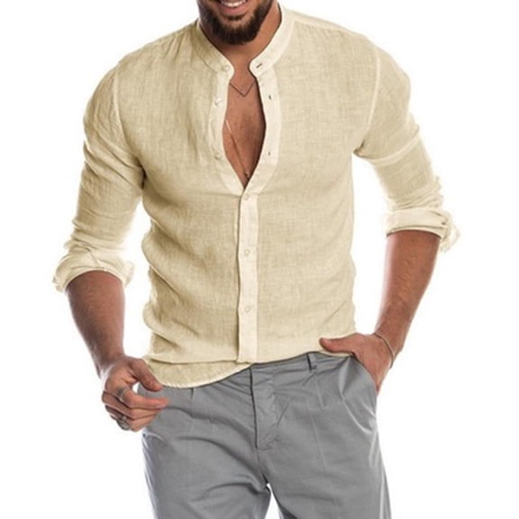 VANLOFE Long Sleeve Shirts Fashion Man Button V-Neck Long Sleeve T-Shirt Autumn Solid Loose Blouse Tops Khaki Long Sleeve V-Neck Blouses & Shirts