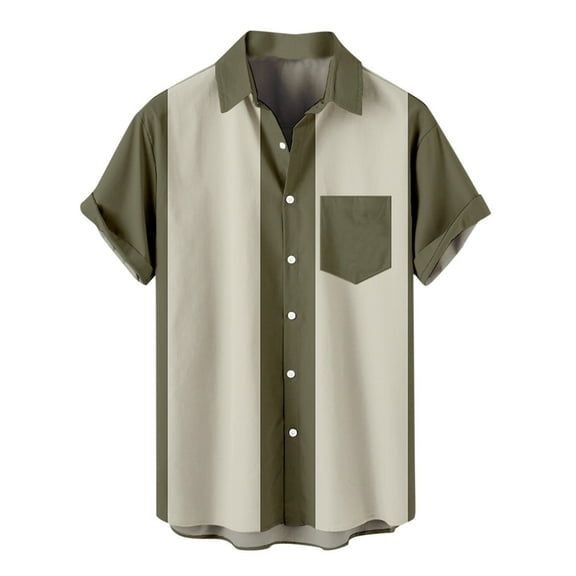 VANLOFE Mens Shirts Khaki Mens Graphic Tees Men Casual Buttons Print With Pocket Turndown Short Sleeve Shirt Blouse