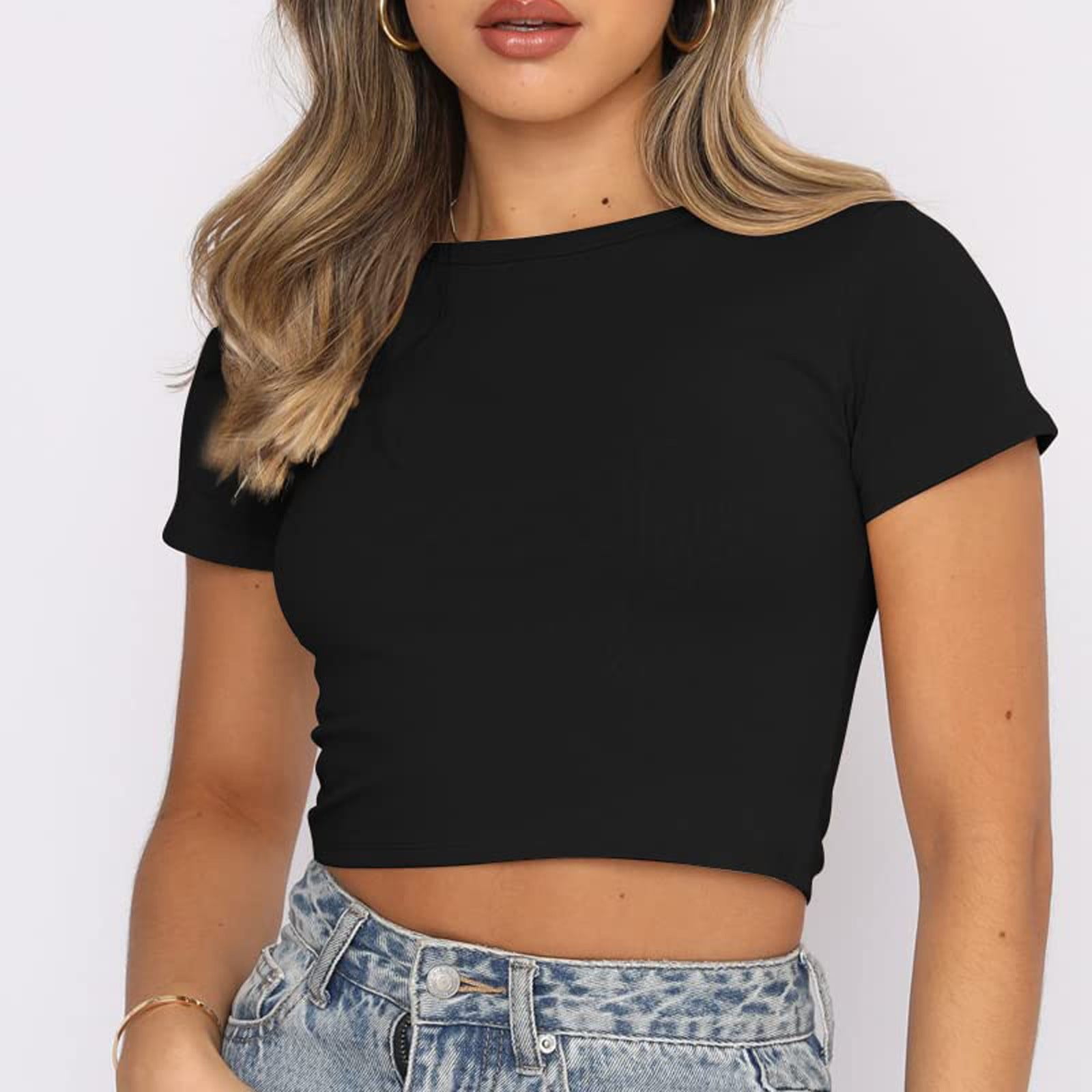 VANLOFE O-Neck T-Shirts Black Women Tops Gift for Bathday Women Crop Cute  Trendy Basic Tight Rounk Neck Crop Blouse Short Sleeve Crop TopS