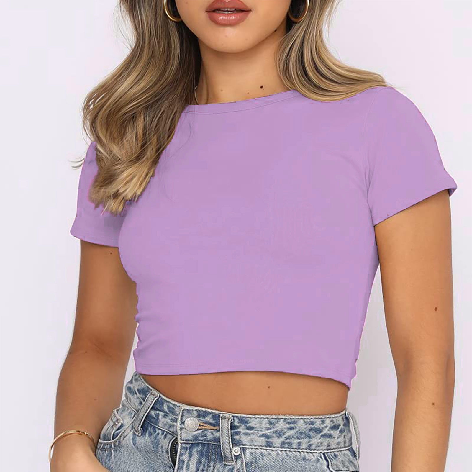 VANLOFE O-Neck T-Shirts Purple Round-Neck Shirts Gift for Girlfriend Women  Crop Cute Trendy Basic Tight Rounk Neck Crop Blouse Short Sleeve Crop TopS