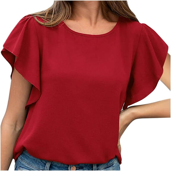 VANLOFE O-Neck T-Shirts RedShirts for Women Gift for Bathday Women's Summer Tops Ruffle Short Sleeve Tops Lace-up Tops Casual Wide Round Neck T-Thirt