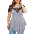 thumbnail image 1 of VANLOFE Summer T-Shirts Gray Women Tops Gift for Daughter Plus Size Women Solid Floral Lace Round Neck Asymmetric Three Quarter Tops Blouse, 1 of 6