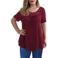 thumbnail image 1 of VANLOFE Summer T-Shirts Red Women Tops Gift for Gradution Fashion Womens Plus Size Lace Pachwork Short Sleeve O-Neck Casual Tops Blouse, 1 of 4