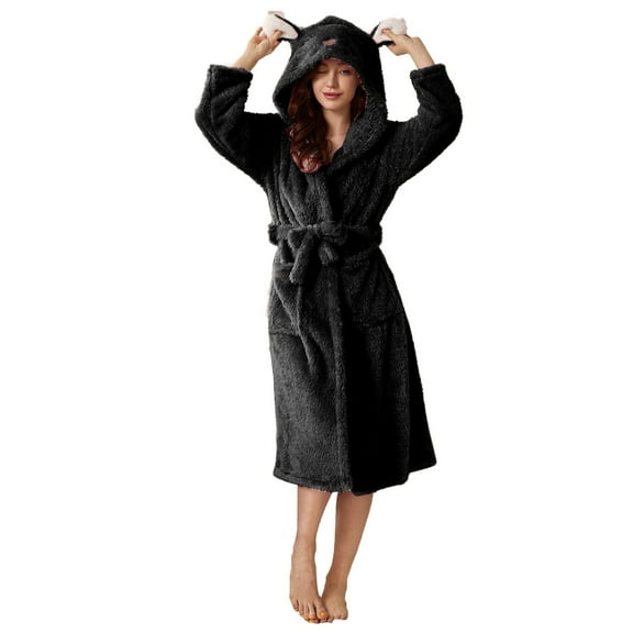 VANLOFE Unisex Warm Pajamas Household Clothes Solid Bathrobe Lengthened Night-robe Man's Nightgown Hooded Robes Black Robes Sleepwear for Woman S-2XL