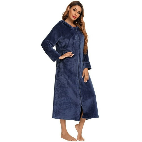 VANLOFE Unisex Warm Pajamas Household Clothes Solid Bathrobe Lengthened Night-robe Man's Nightgown Hooded Robes Navy Robes Sleepwear for Woman S-2XL
