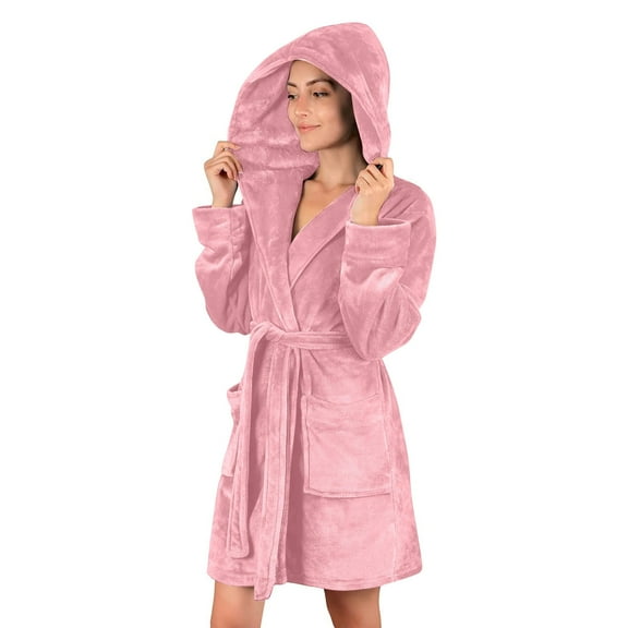 VANLOFE Unisex Warm Pajamas Household Clothes Solid Bathrobe Lengthened Night-robe Man's Nightgown Hooded Robes Pink Robes Sleepwear for Woman S-2XL