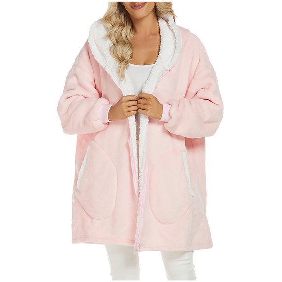 VANLOFE Unisex Warm Pajamas Household Clothes Solid Bathrobe Lengthened Night-robe Man's Nightgown Hooded Robes Pink Robes Sleepwear for Woman