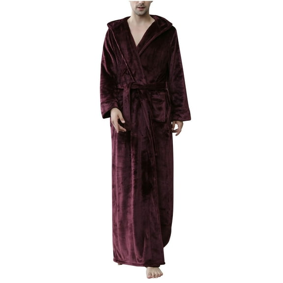 VANLOFE Unisex Warm Pajamas Household Clothes Solid Bathrobe Lengthened Night-robe Man's Nightgown Hooded Robes Wine Robes Sleepwear for Woman XL