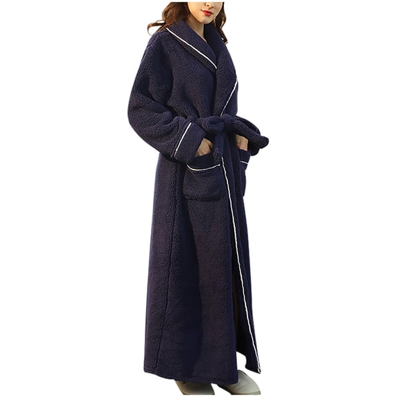 VANLOFE Unisex Warm Pajamas Household Clothes Solid Bathrobe Lengthened Night-robe Woman's Nightgown Casual Robes Navy Robes Sleepwear for Woman 3XL