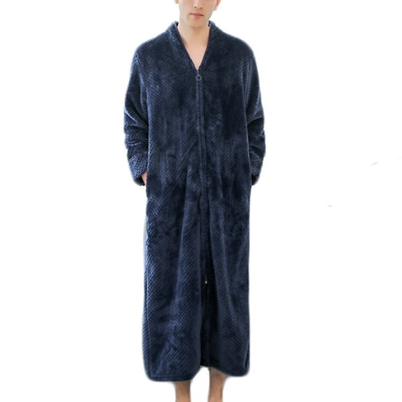 VANLOFE Unisex Warm Pajamas Household Clothes Solid Bathrobe Lengthened Night-robe Woman's Nightgown Casual Robes Navy Robes Sleepwear for Woman M