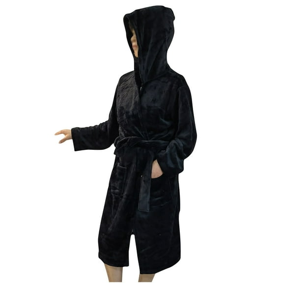 VANLOFE Unisex Warm Pajamas Household Clothes Solid Bathrobe Lengthened Night-robe Woman's Nightgown Hooded Robes Black Robes Sleepwear for Woman M-3XL