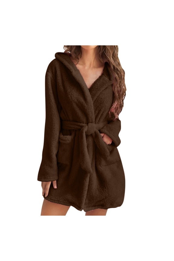 Unisex Warm Pajamas Household Clothes Solid Bathrobe Lengthened Night-robe Woman's Nightgown Hooded Robes Brown Robes Sleepwear for Woman S-3XL