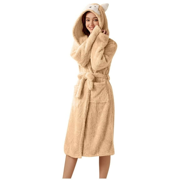 VANLOFE Unisex Warm Pajamas Household Clothes Solid Bathrobe Lengthened Night-robe Woman's Nightgown Hooded Robes Khaki Robes Sleepwear for Woman S-2XL