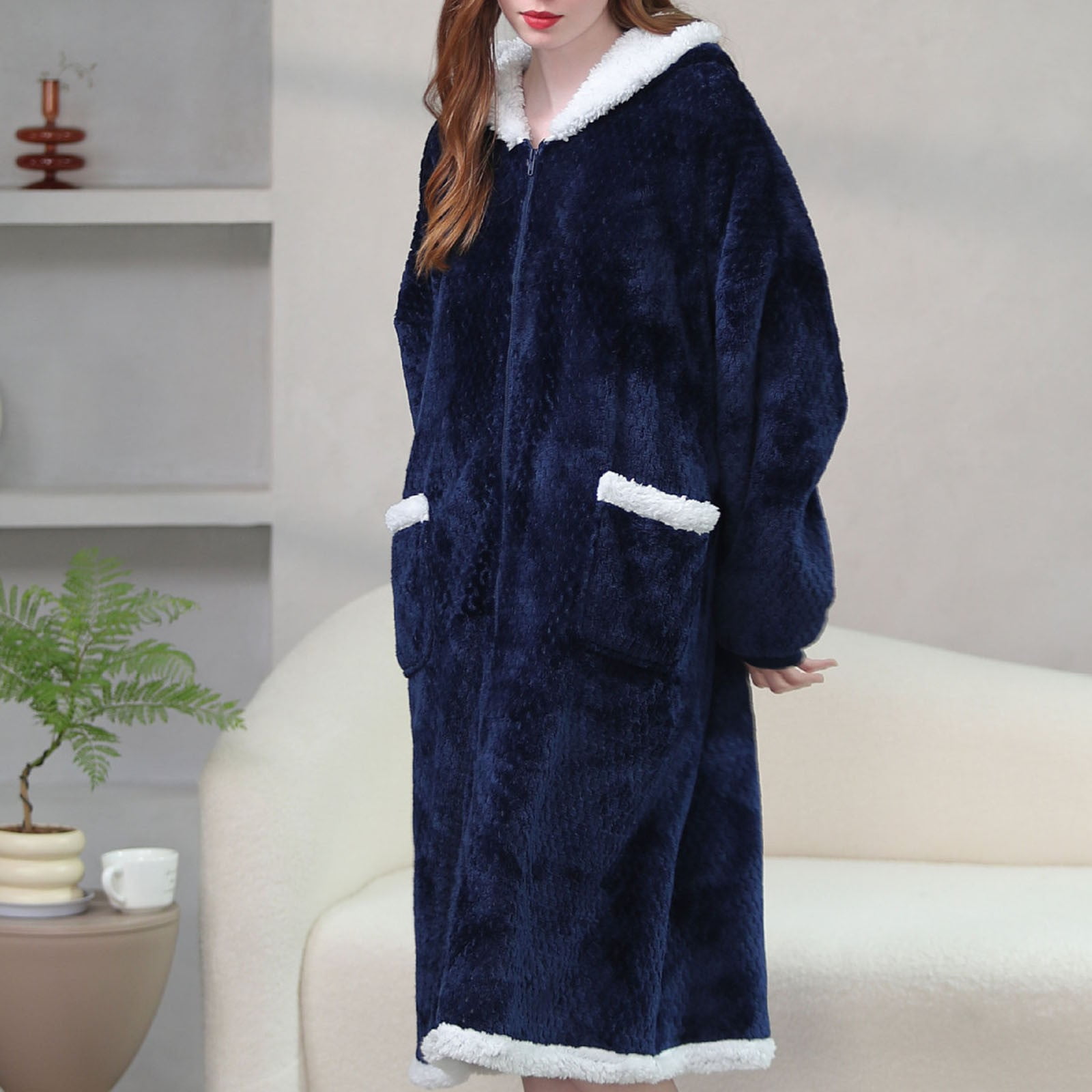 VANLOFE Unisex Warm Pajamas Household Clothes Solid Bathrobe Lengthened Nightrobe Woman's