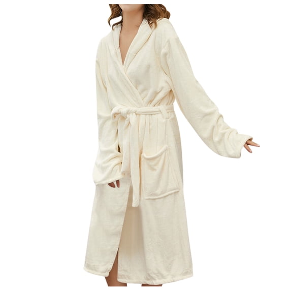 VANLOFE Unisex Warm Pajamas Household Clothes Solid Bathrobe Lengthened Night-robe Woman's Nightgown Hooded Robes White Robes Sleepwear for Woman