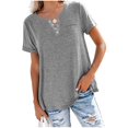 thumbnail image 1 of VANLOFE V-Neck T-Shirts Gray T-Shirts for Women Gift for Bathday Women Fashion Solid Color V-Neck Button T-shirt Tops Short Sleeve Loose Blouse, 1 of 1