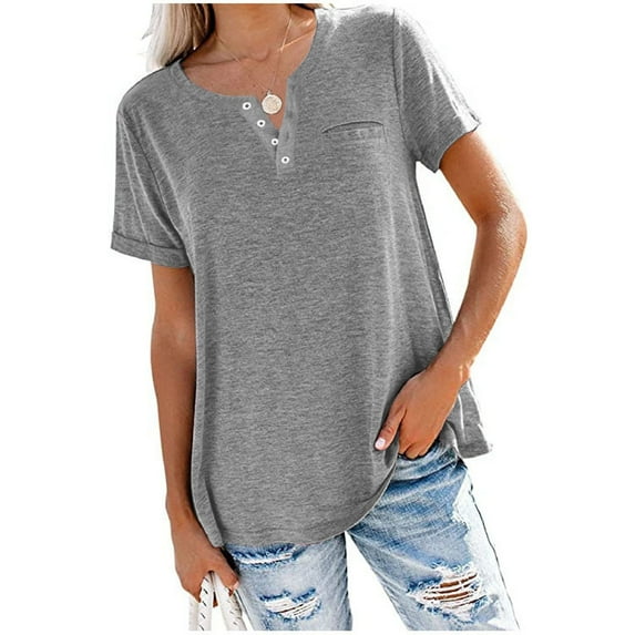 VANLOFE V-Neck T-Shirts Gray T-Shirts for Women Gift for Bathday Women Fashion Solid Color V-Neck Button T-shirt Tops Short Sleeve Loose Blouse