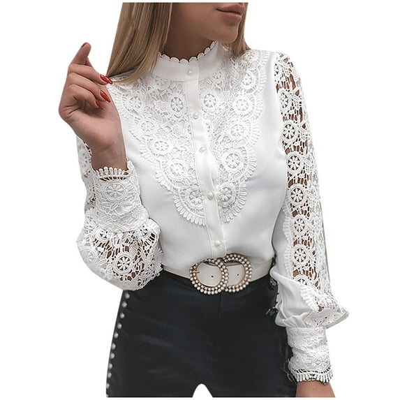 VANLOFE Women's Blouses Fashion Women's Lace Long Sleeve V-neck Button Shirt Long Sleeve Shirt Top BeigeBlouses For Women Fashion Long Sleeve Shirts For Women