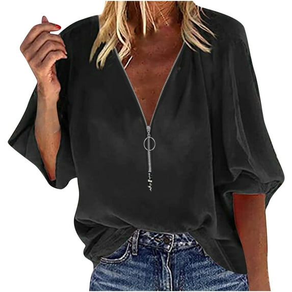 VANLOFE Women's Blouses Long Sleeve Shirts For Women Women's Solid Color Long Sleeve V-Neck Zipper Women's Shirt TopsBlouses For Women Fashion Black