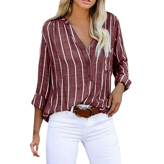 VANLOFE Women's Blouses Women's Tops Striped Printed Single Breasted Long Sleeve Shirt Blouse Tops WineBlouses For Women Fashion Long Sleeve Shirts For Women
