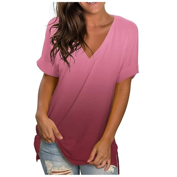 VANLOFE Women's Fashion Casual Gradient V-neck Short Sleeve Loose T-shirt Tops Summer Plus Size S-3XL