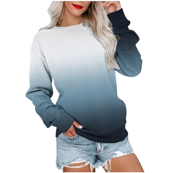 VANLOFE Women's Long Sleeve Sweatshirt Women's Gradient Crewneck Sweatshirt Casual Fashion Sweatshirt for Women Navy Sweatshirt L