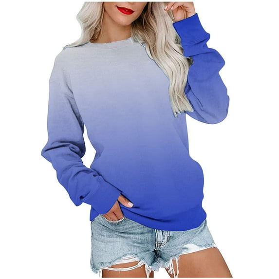 VANLOFE Women's Long Sleeve Sweatshirt Women's Gradient Crewneck Sweatshirt Trendy Warm Sweatshirt for Women Dark Blue Sweatshirt XL