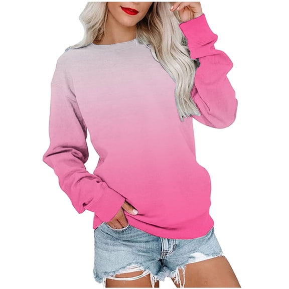 VANLOFE Women's Long Sleeve Sweatshirt Women's Gradient O-Neck Sweatshirt Trendy Warm Sweatshirt for Women Pink Sweatshirt S