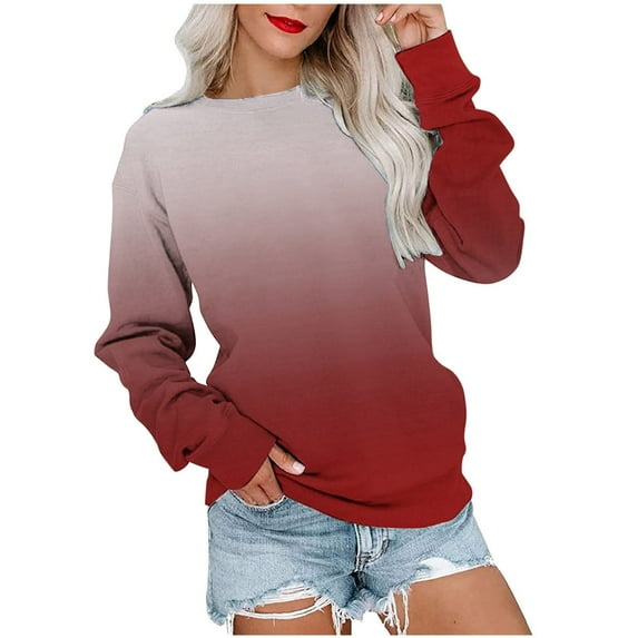 VANLOFE Women's Long Sleeve Sweatshirt Women's Gradient O-Neck Sweatshirt Trendy Warm Sweatshirt for Women Wine Sweatshirt S