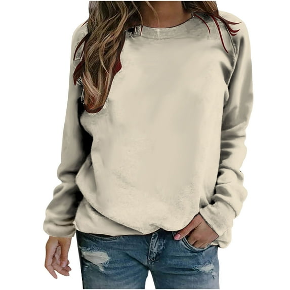 VANLOFE Women's Solid Color Long Sleeve Sweatshirt Crewneck Sweatshirt for Women Women's Fashion Trendy Beige Sweatshirt 2XL