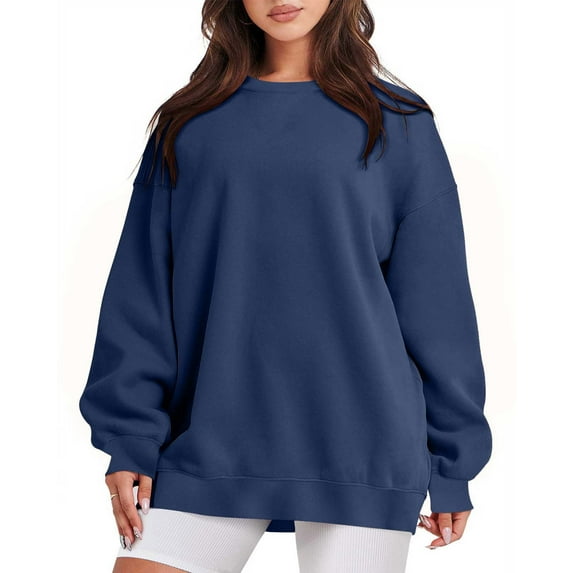 VANLOFE Women's Solid Color Long Sleeve Sweatshirt Crewneck Sweatshirt for Women Women's Fashion Trendy Dark Blue Sweatshirt 2XL