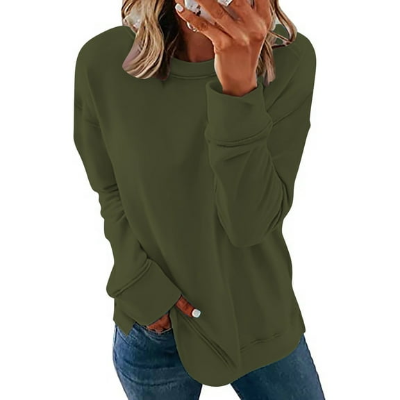 VANLOFE Women's Solid Color Long Sleeve Sweatshirt Crewneck Sweatshirt for Women Women's Fashion Warm Army Green Sweatshirt 2XL