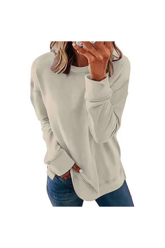 Women's Solid Color Long Sleeve Sweatshirt Crewneck Sweatshirt for Women Women's Soft Trendy Beige Sweatshirt 3XL
