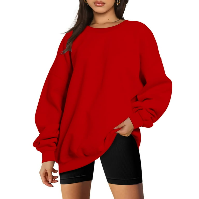 VANLOFE Women s Solid Color Long Sleeve Sweatshirt Crewneck Sweatshirt for Women Women s Soft Trendy Red Sweatshirt L