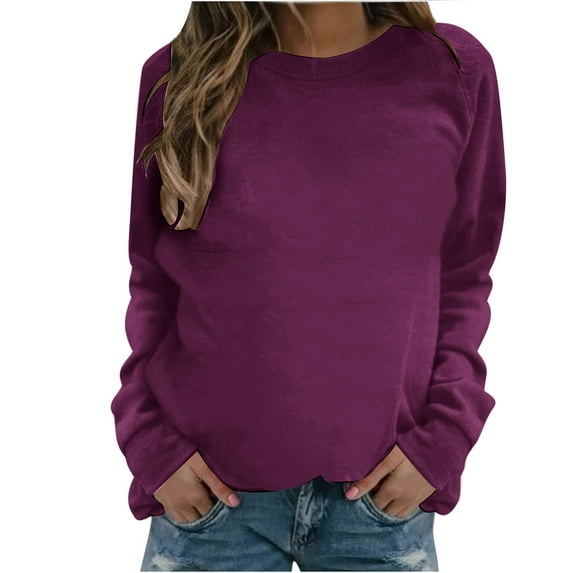 VANLOFE Women's Solid Color Long Sleeve Sweatshirt Crewneck Sweatshirt for Women Women's Soft Warm Hot Pink Sweatshirt L