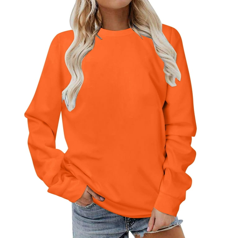 VANLOFE Women s Solid Color Long Sleeve Sweatshirt Crewneck Sweatshirt for Women Women s Soft Warm Orange Sweatshirt XL